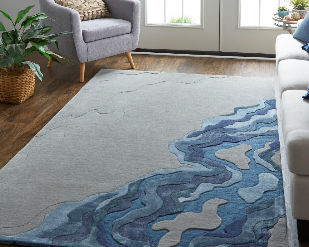 Weave & Wander Arwyn Modern Wool Rug, Gray/Blue, 5'x8'