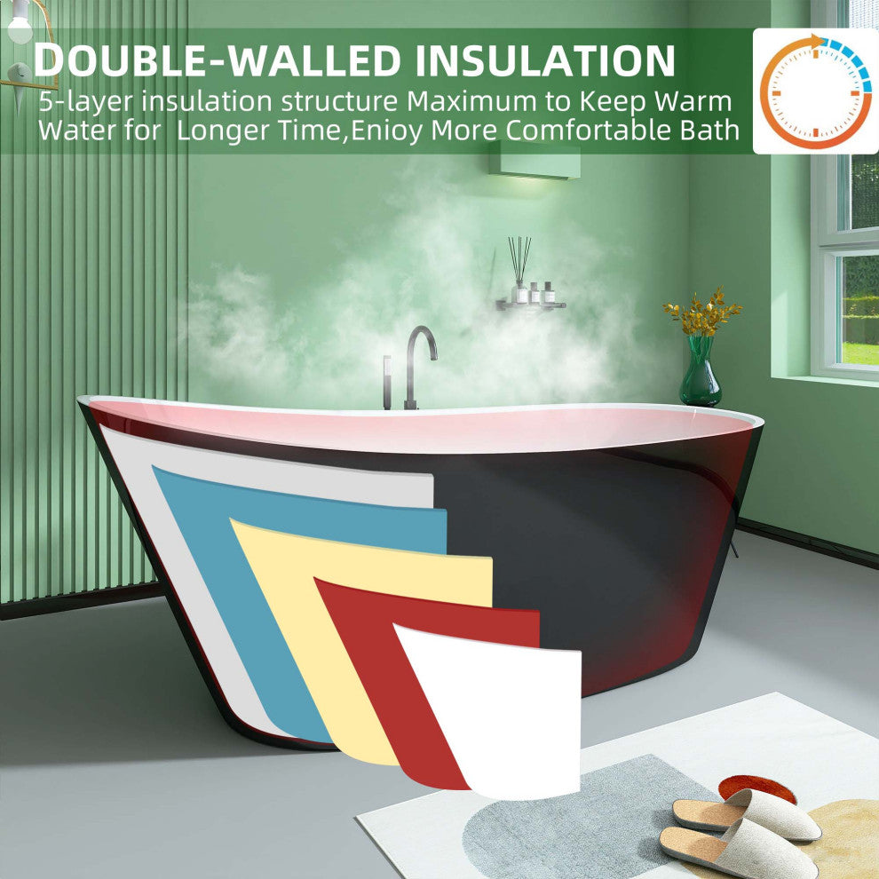 Acrylic Slipper Freestanding Flatbottom Soaking Bathtub, Black, 59"29"