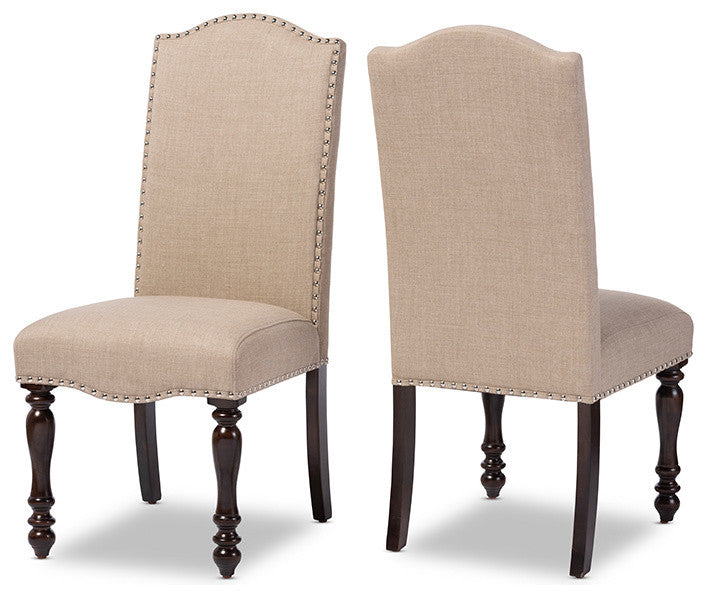 Zachary Oak Brown Beige Linen Fabric Dining Chair, Set of 2