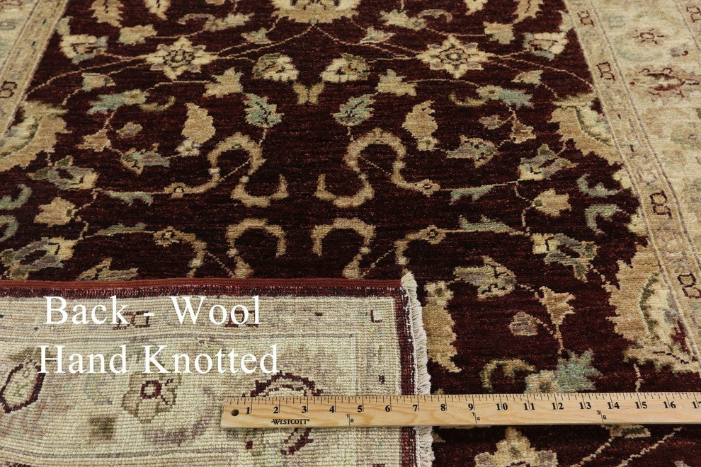 Oushak Chobi Peshawar Burgundy Hand-Knotted Wool Rug, 4'x6'