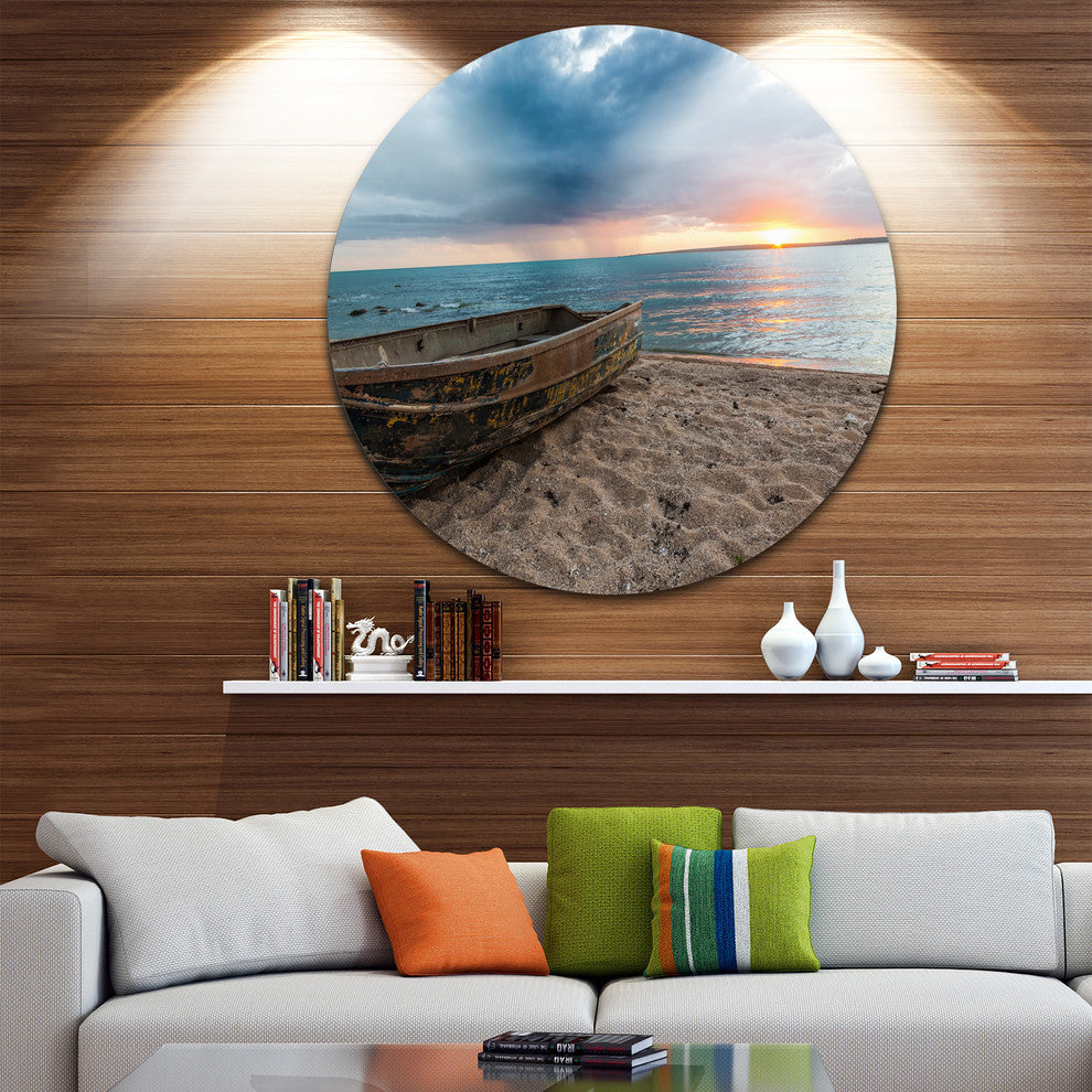 Rusty Row Boat On Sand At Sunset, Seascape Disc Metal Wall Art, 23"