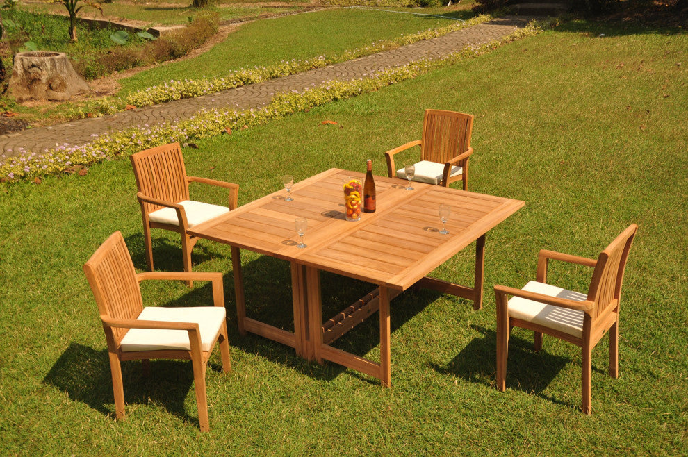 5-Piece Outdoor Teak Set: 60" Square Butterfly Table, 4 Lua Stacking Arm Chairs