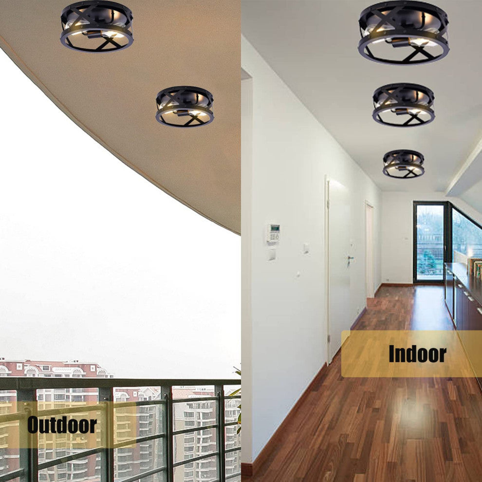 12 inch light round ceiling light fixture 2 light black cage Close to Ceiling
