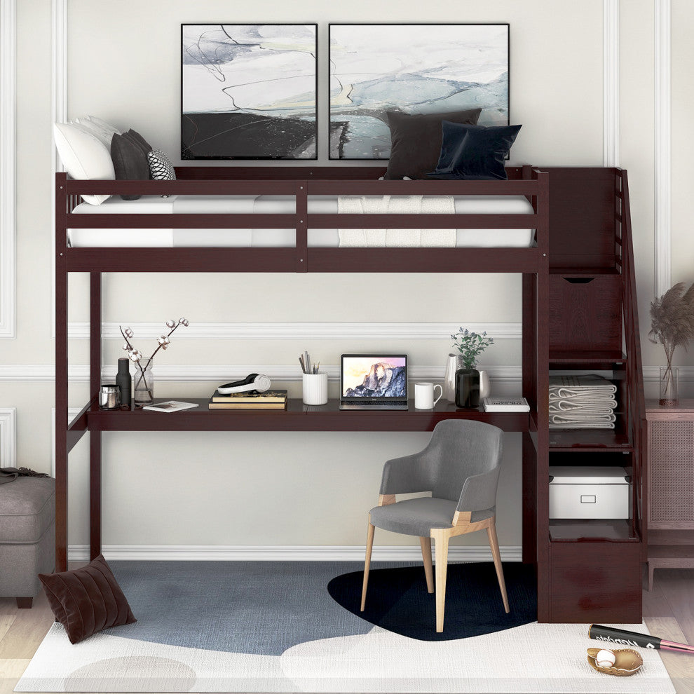 Gewnee Twin Size Loft Bed with Staircase and Built-in Desk in Espresso