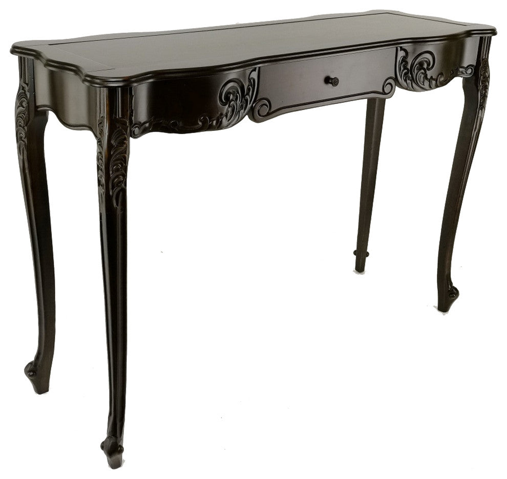 Benzara BM284648 Classic Wood Console Table, 1 Drawer, Floral Cared, Brown