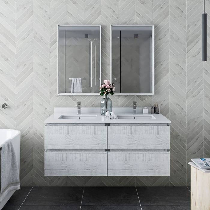 Formosa Modern 48" Rustic White Wall Hung Double Sink Vanity Set, Faucet Fft9161