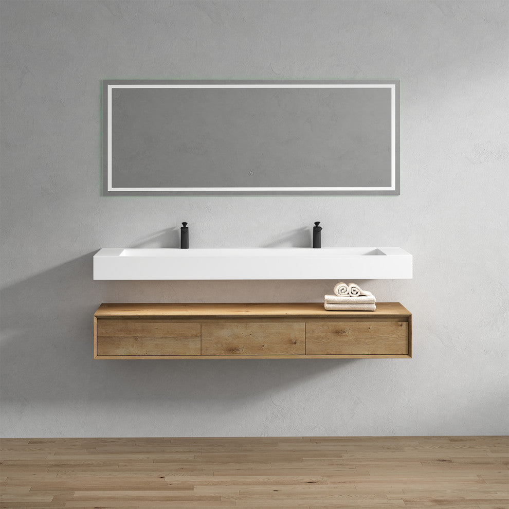 Alysa 72" Floating Bath Vanity, Acrylic Sink/Double Faucet Hole, White Oak