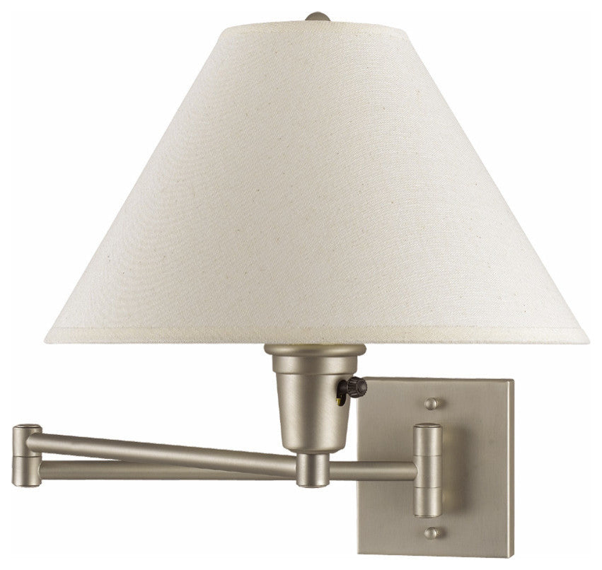 60W Wall 2-Swing Arm Lamp, Brushed Steel Finish, Off White Shade