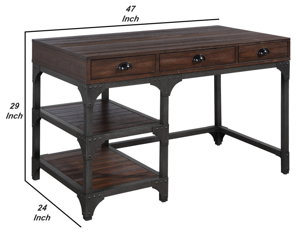 Benzara BM251321 Writing Desk With 3 Drawers and Plank Details, Brown