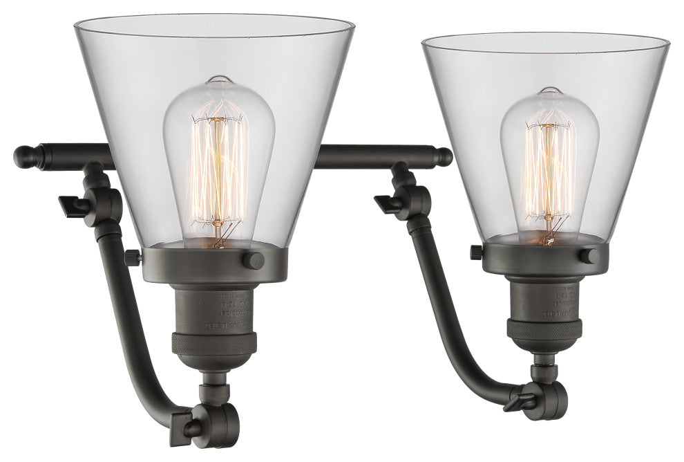 Small Cone 2-Light Bath Fixture, Clear Glass, Oil Rubbed Bronze, Incandescent