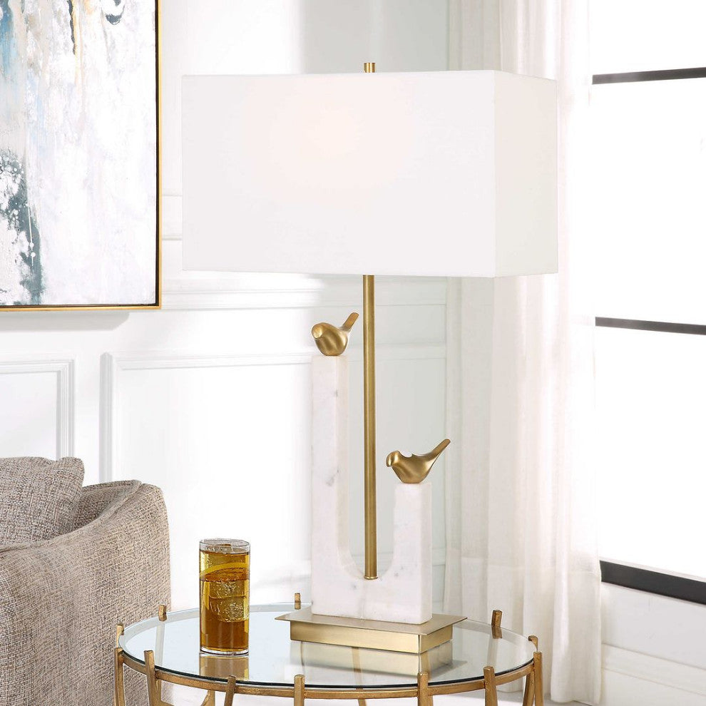 Contemporary Retro Two Bird Branch Table Lamp Marble Gold White 30 in x 17 Perch
