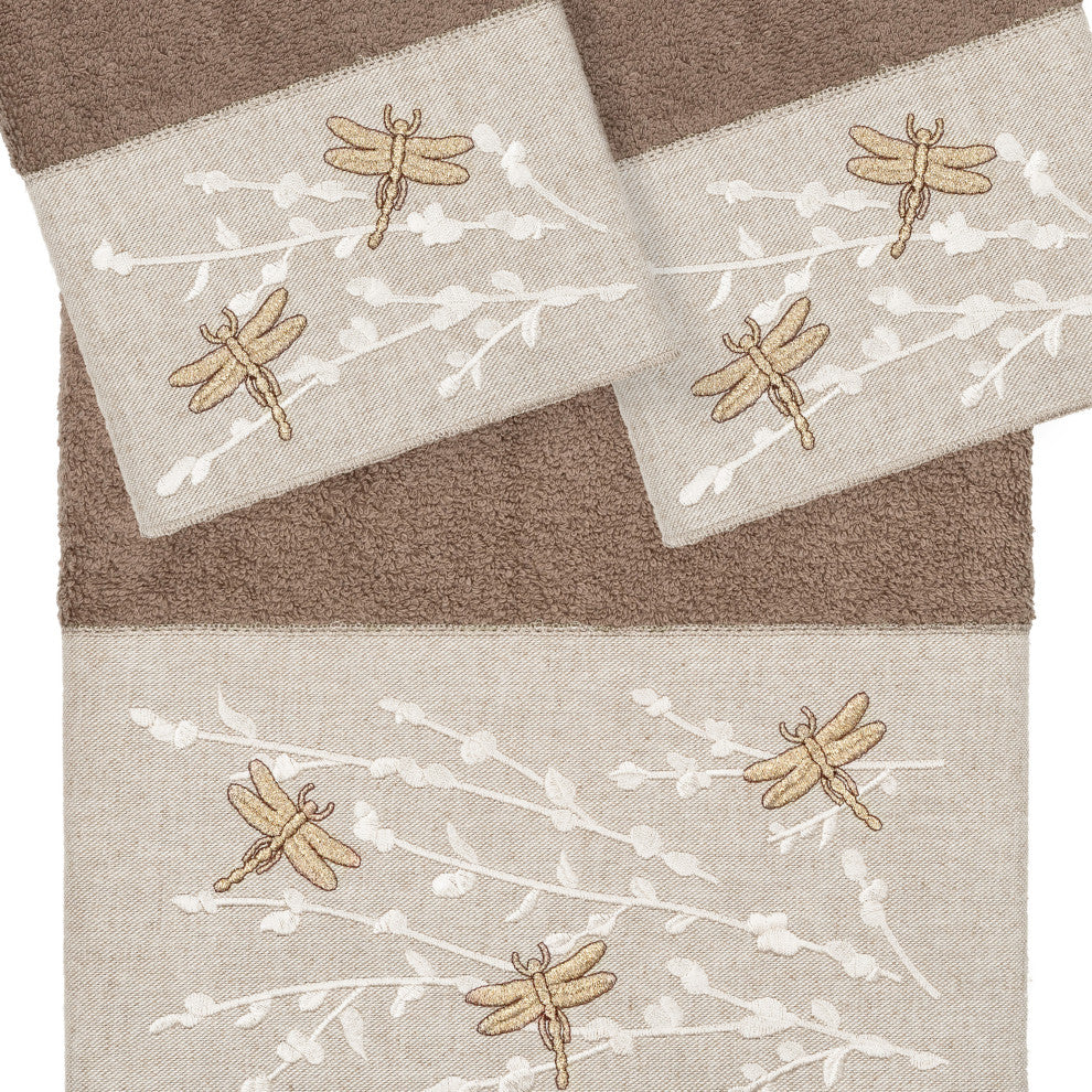 Linum Home Textiles Turkish Cotton Braelyn 3-Piece Embellished Towel Set, Latte