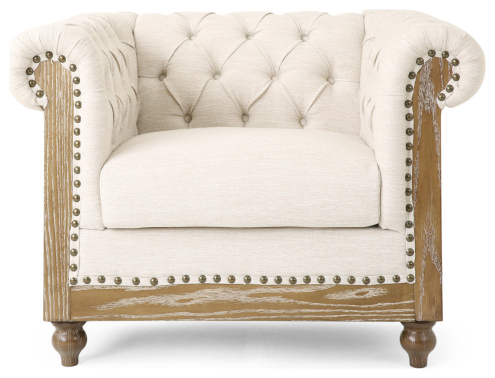 Chesterfield Tufted Club Chairs, Nailhead Trim, Set of 2, Beige/Dark Brown