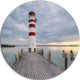 Lighthouse At Lake Neusiedl At Sunset, Sea Bridge Round Wall Art, 36"