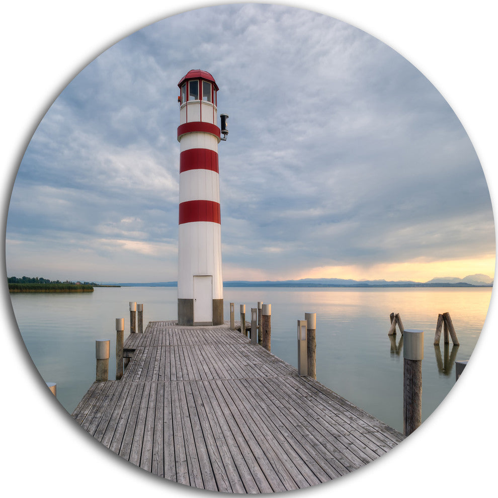 Lighthouse At Lake Neusiedl At Sunset, Sea Bridge Round Wall Art, 36"