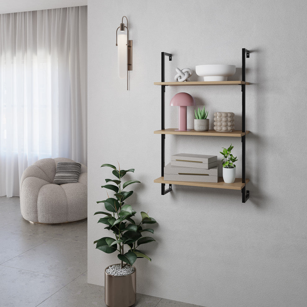 Madera Industrial 3-Shelf Wood Wall-Mounted Open Ladder Bookcase, Metal Frame