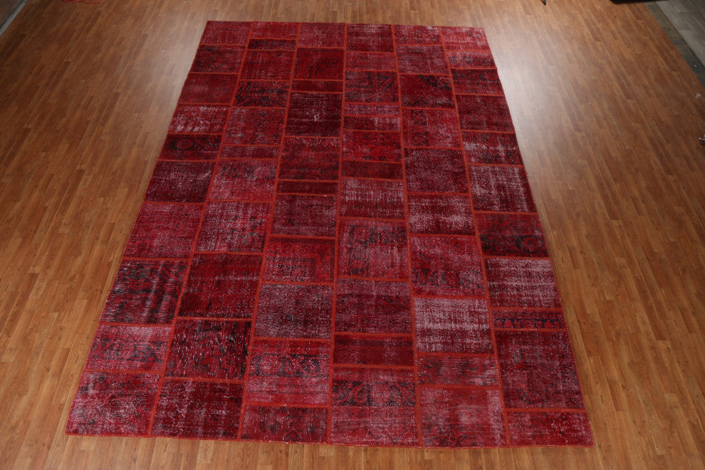 Vintage Red Patchwork Turkish Area Rug Hand-tufted Wool Carpet 10x14