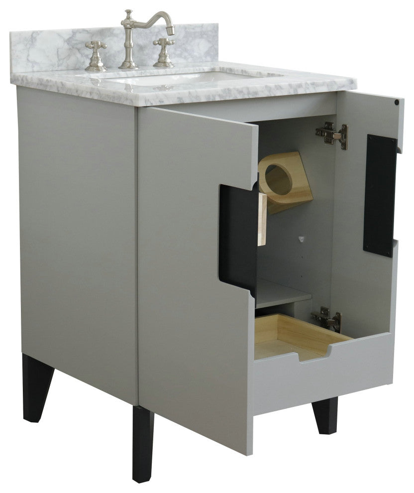 25" Single Sink Vanity, Light Gray Finish With White Carrara Marble