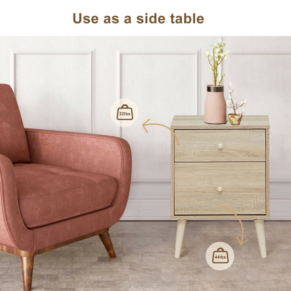 Set of 2 Nightstand, Rubberwood Tapered Legs & Unique Drawer Knobs, Oak Finish