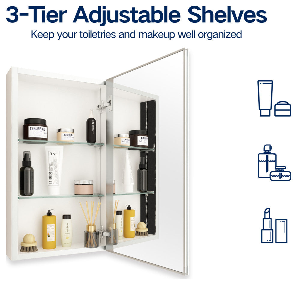 Aurora Recessed or Surface Mount Frameless Aluminum Medicine Cabinet,15x26Inch