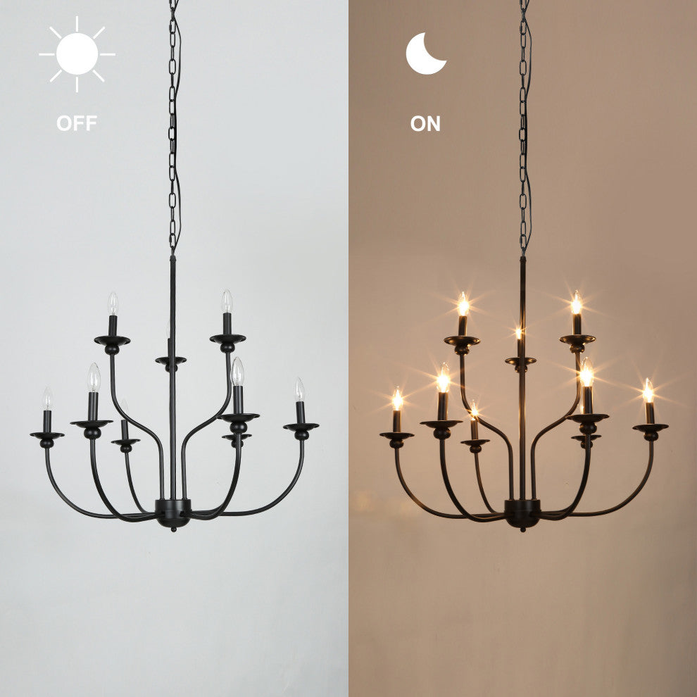 LNC 2-Tier Matte Black Farmhouse Candle-Style Chandelier, 9 Lights