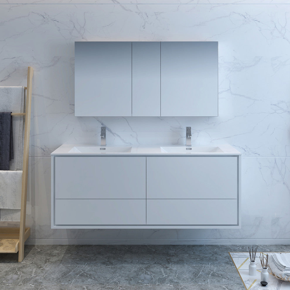 Fresca Catania 60" Gloss White Wall Hung Double Sink Vanity, Medicine Cabinet