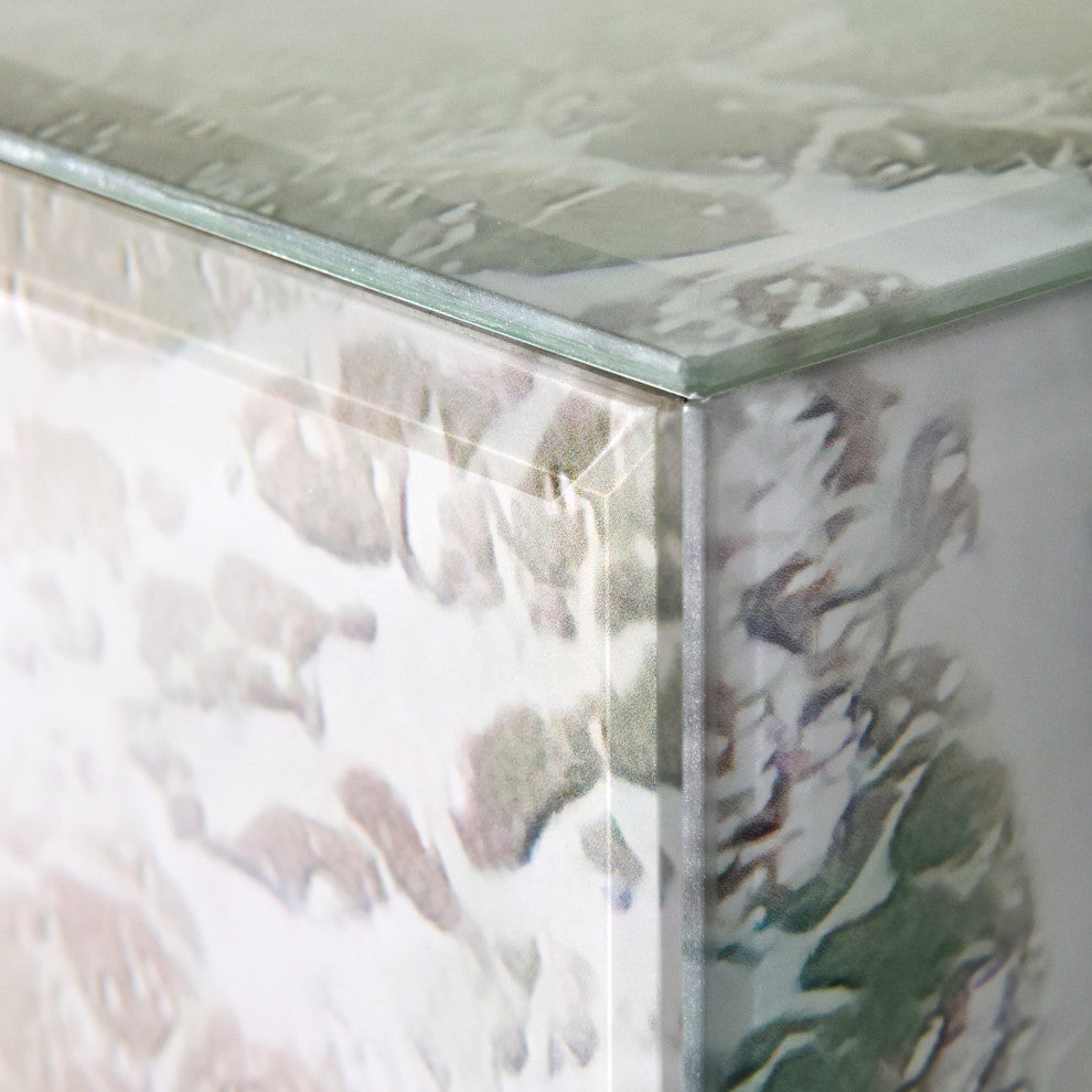 "Beach Bliss I" Reverse Printed Art Glass Cocktail Table with Black Plinth Base
