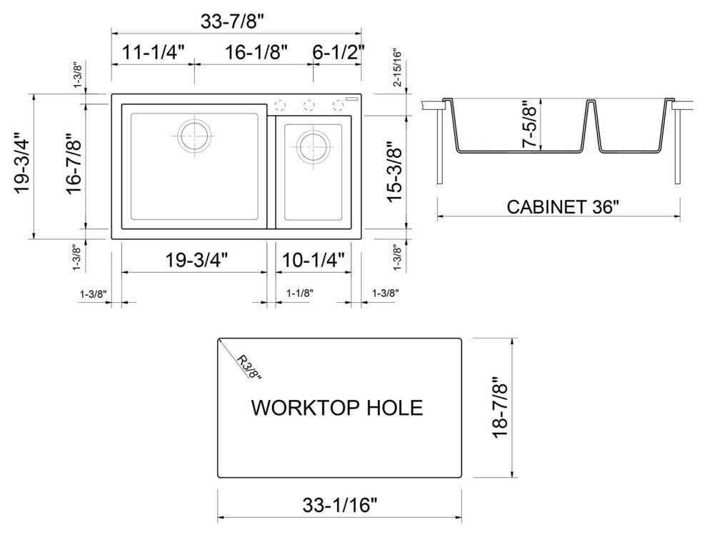 ALFI AB3319DI-BLA Black 34" Double Bowl Drop In Granite Composite Kitchen Sink