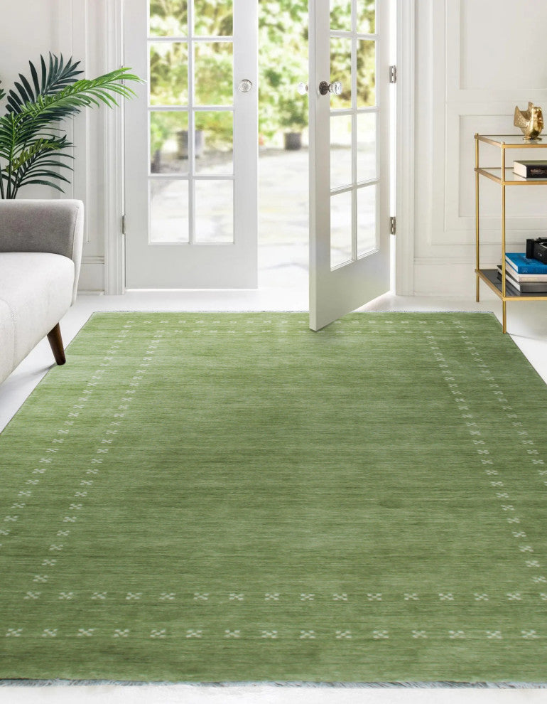 Handmade Wool Green Transitional Solid Rug, 12'x15'