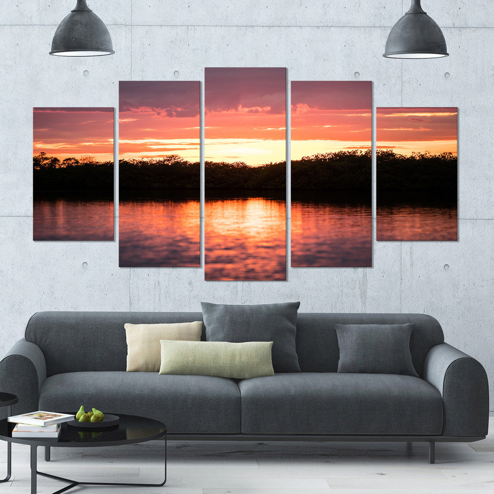 Sunset on Tropical Lagoon, Landscape Canvas Art Print, 60"x32", 5 Panels