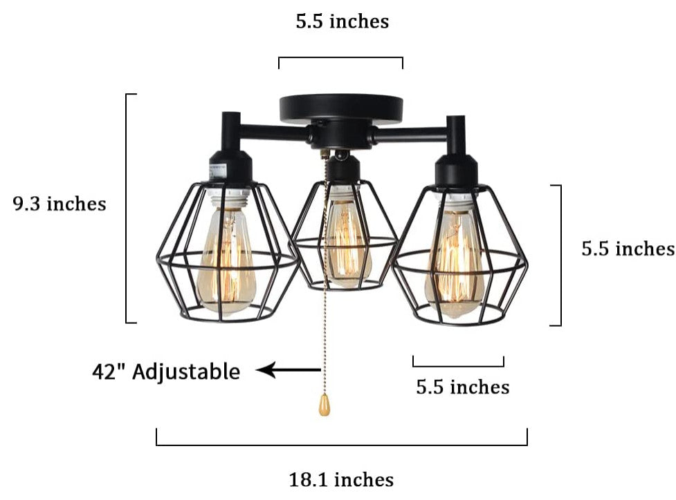 3 Light Industrial Pull Chain Ceiling Light Fixture, Black Cage Flush Mount