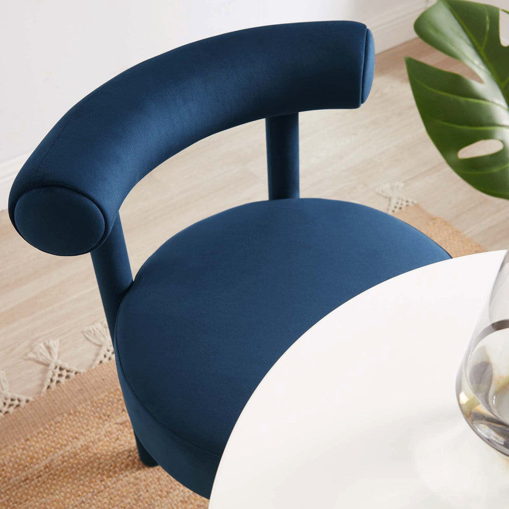 Toulouse Performance Velvet Dining Chair, Curved Round Bolster Side Chair, Blue