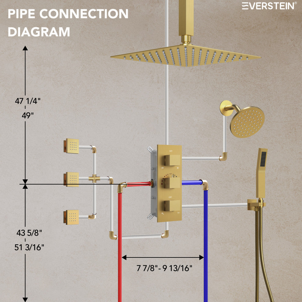 Thermostatic Dual Heads 12" Rainfall Shower System With 3 Body Jets, Brushed Gold