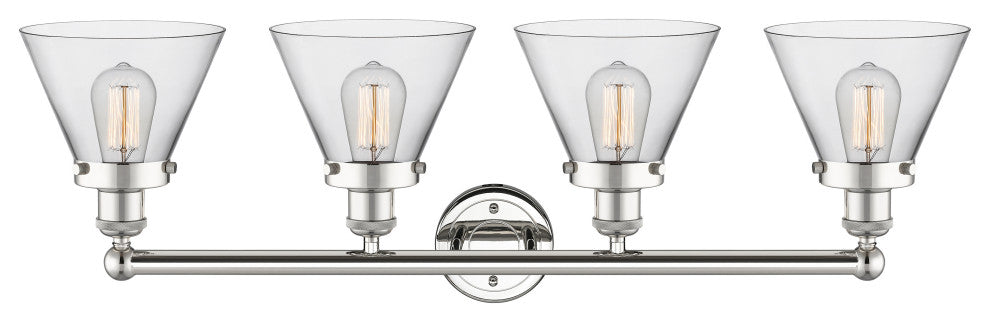 Large Cone 4-Light 35" Bath Vanity Light, Polished Nickel Finish, Clear Shade