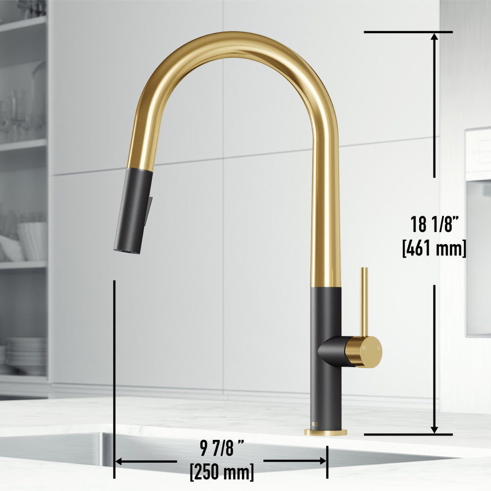 VIGO Greenwich 18" H Single Handle Pull-Down Sprayer Kitchen Faucet, Matte Brushed Gold/Matte Black, No Sensor, Without Extras