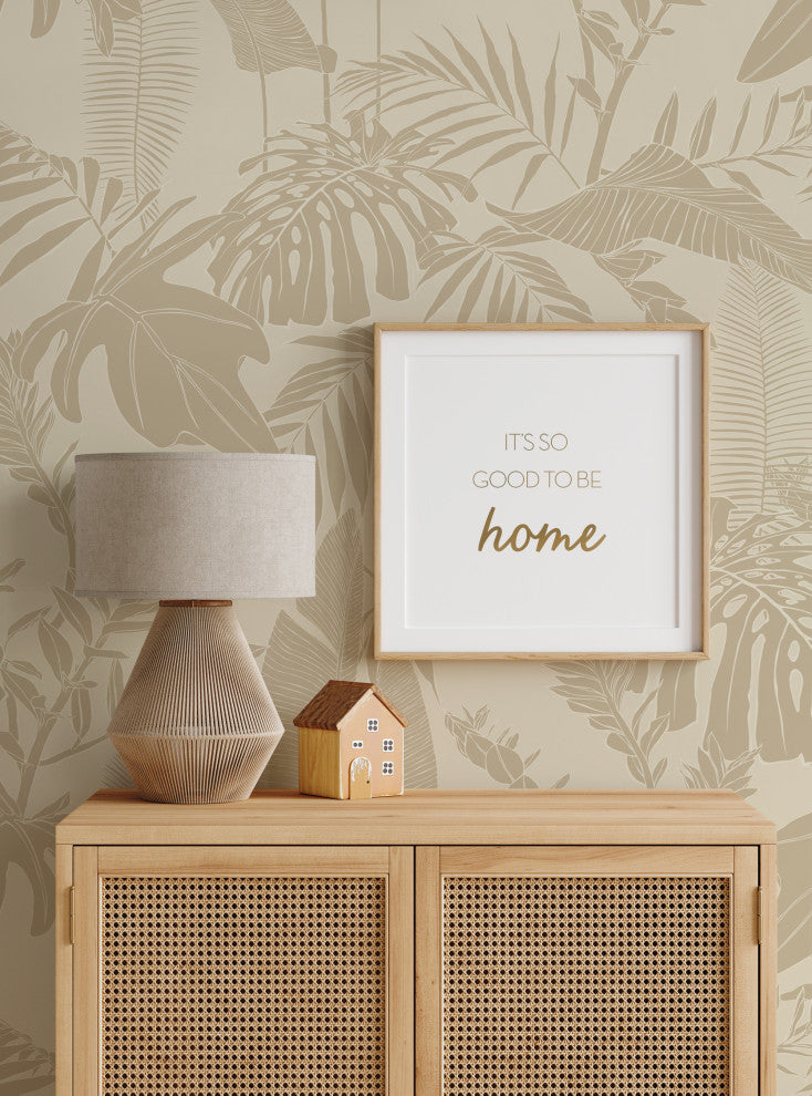Hand Drawn Jungle Leaves Vinyl Peel and Stick Mural, Beige, 24"x96", Single