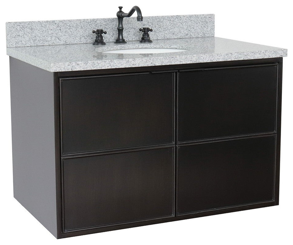 37" Single Wall Mount Vanity, Cappuccino Finish With Gray Granite Top