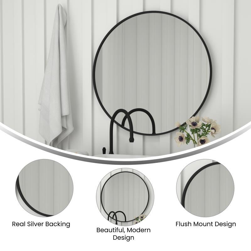 Julianne Round Metal Framed Wall Mirror, Black, 36"