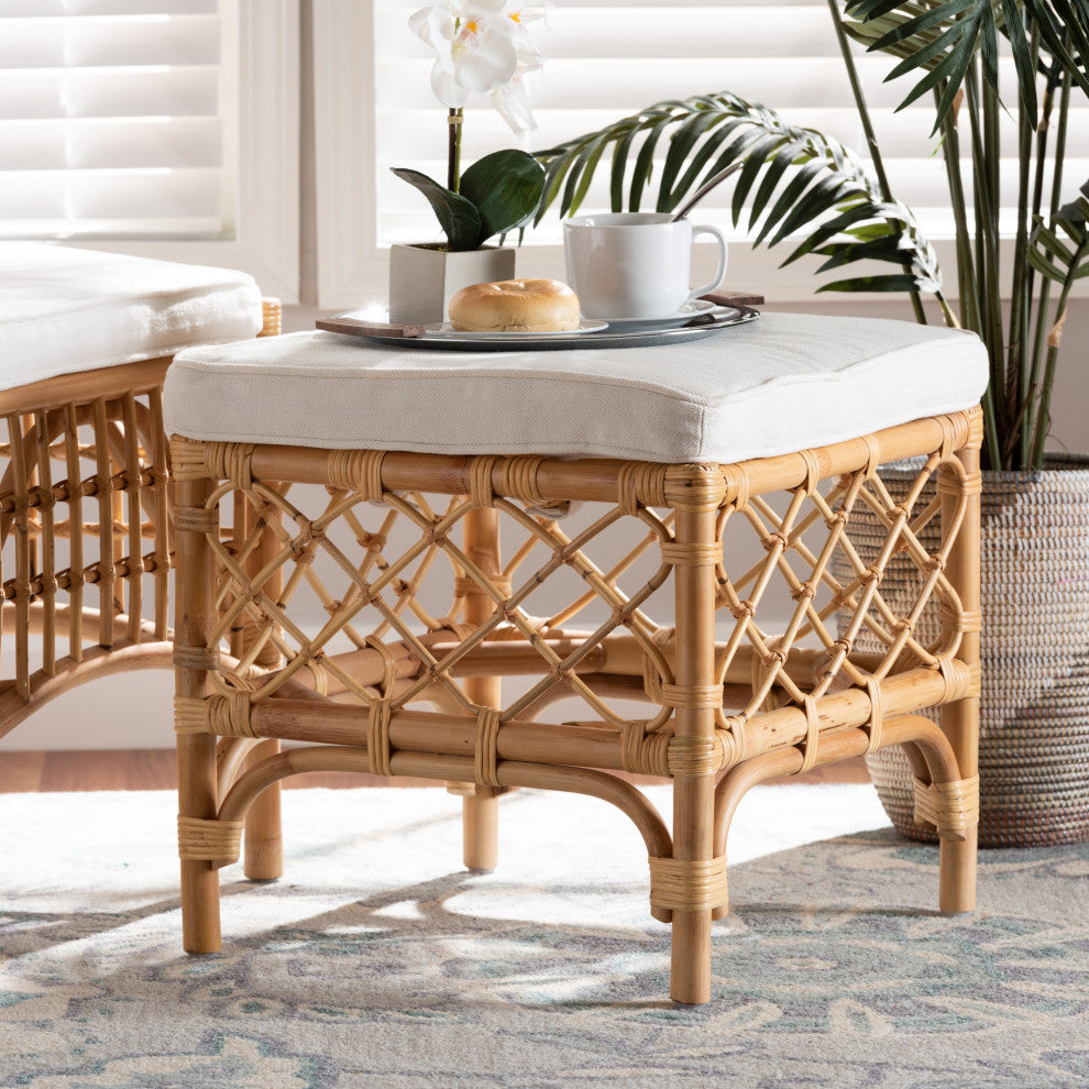 Steele Modern Bohemian Rattan Collection, White/Natural Brown, Ottoman