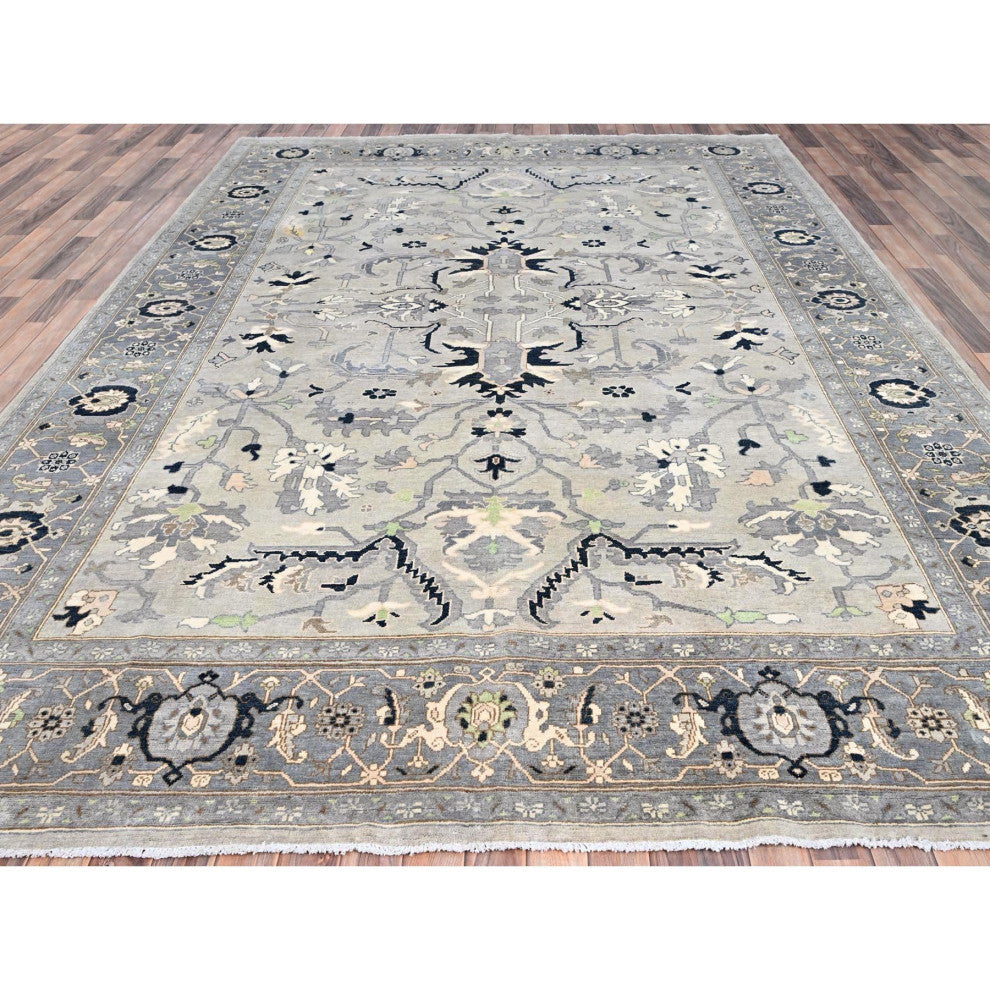 Gray Afghan Peshawar With Serapi Heriz Design Wool Hand Knotted Rug 9'x12'2"