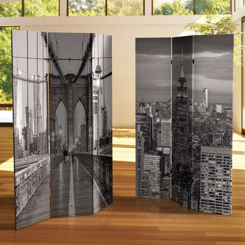 6' Tall Double Sided Black and White New York Bridge Canvas Room Divider