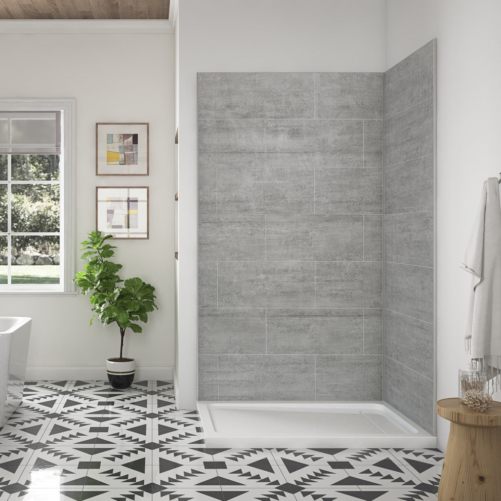 OVE Decors Misty 48x32" Solid Surface Corner Shower Wall, Gray Tiles