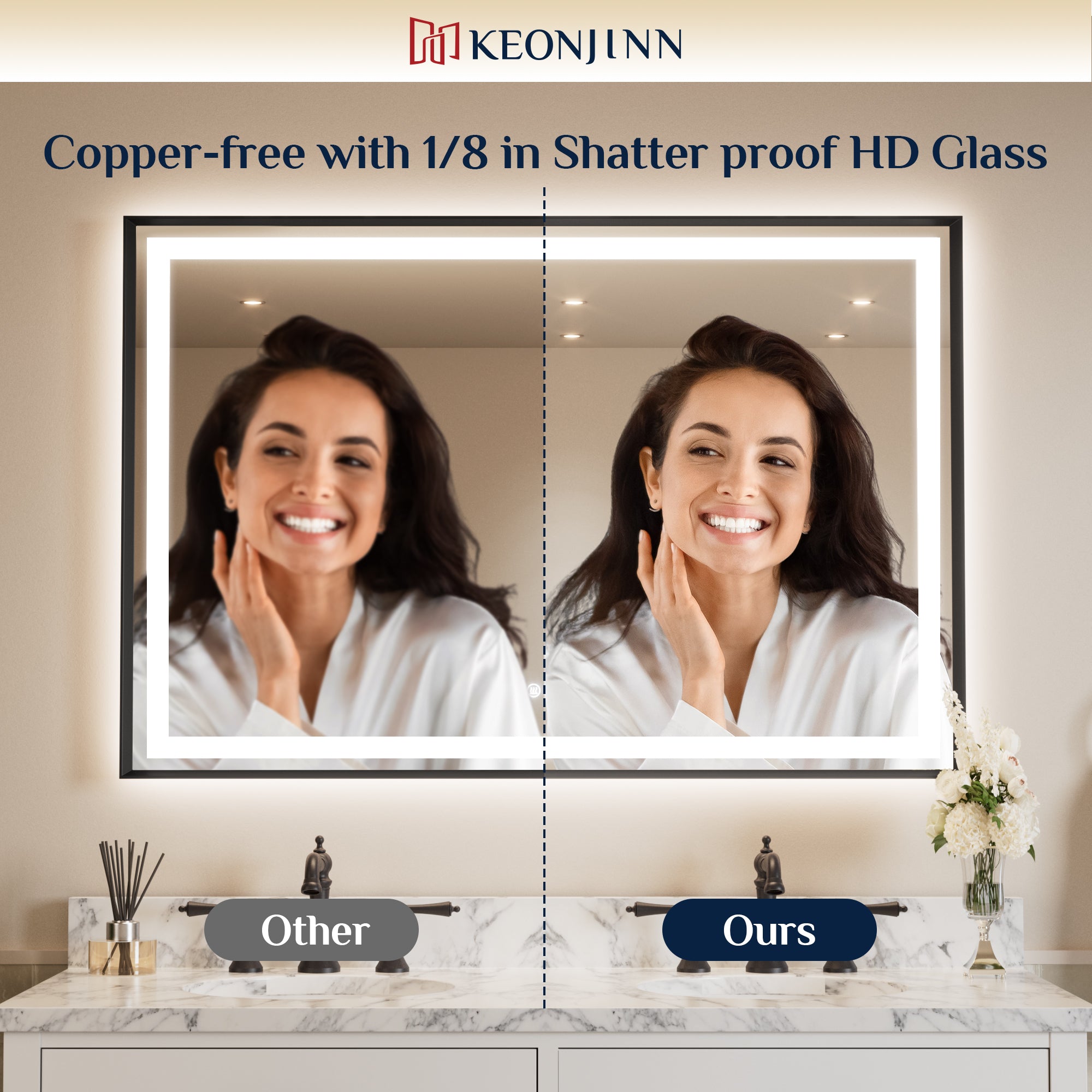 LED Vanity Mirror With Lights Metal Framed Front & Backlit, Dimmable, Black, 48x36