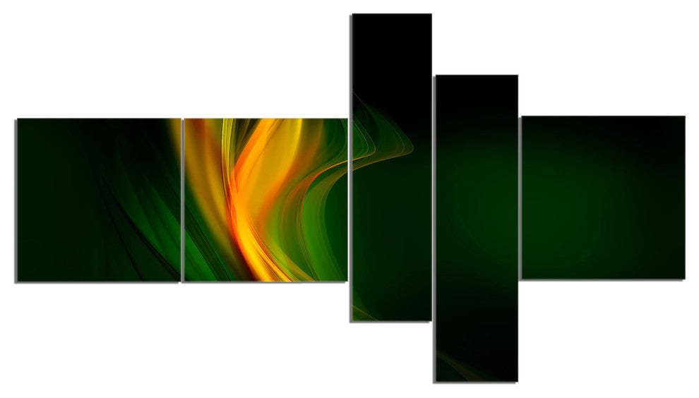 Green Gold Upright Waves, Abstract Canvas art print, 60"x32", 5 panels