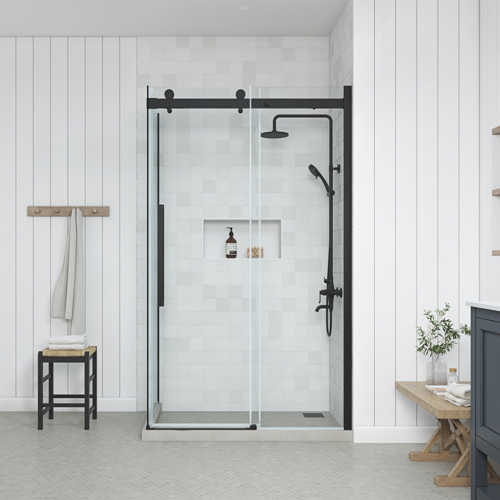 Bel Soft-Close Matte Black 48" Frameless Sliding Soft Close Shower Door