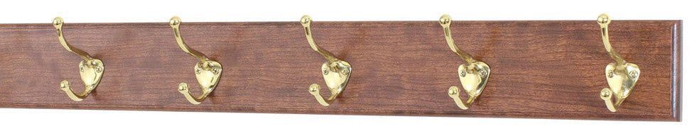 Solid Cherry Wall Coat Rack, Brass Hooks, Mahogany, 25.5"x3.5", 5-Hooks
