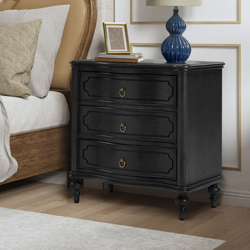 3-Drawer Nightstand With Solid Wood Legs and Built-In Outlets, Black