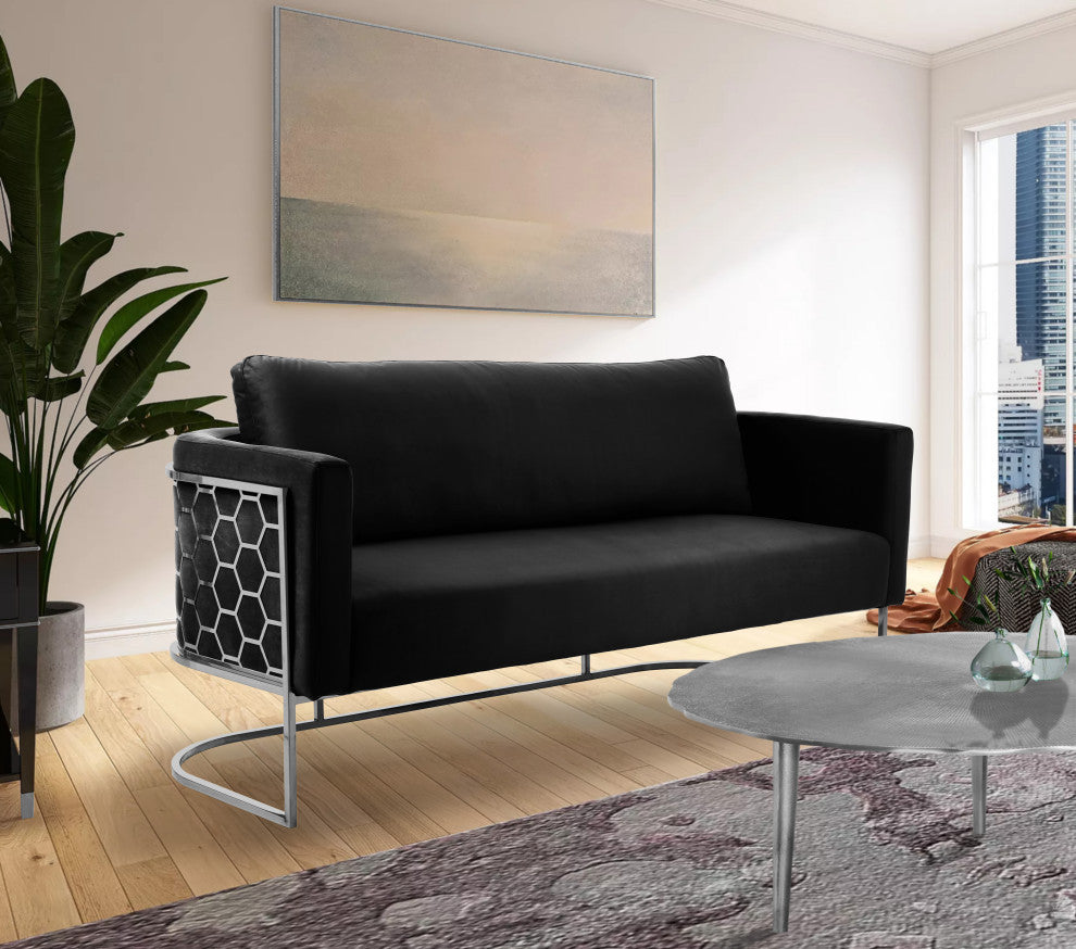 Casa Velvet Upholstered Sofa, Black, Chrome Finish