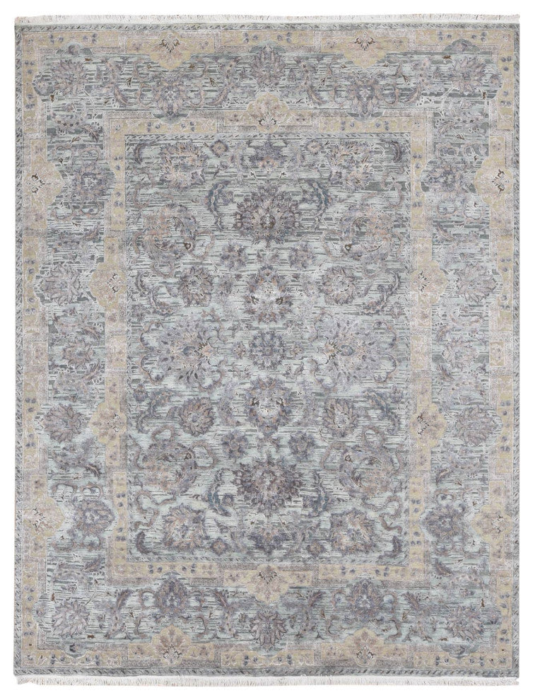 Light Green Pure Silk Wool Mughal Design Hand Knotted Oriental Rug 7'10"x10'