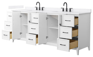 Elan 84" Double Vanity, White, White Quartz Top, 3-Hole, Black Trim